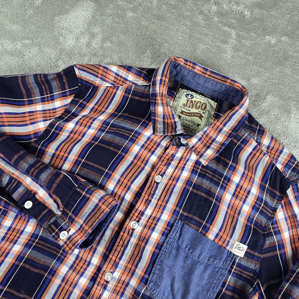 JNCO Shirt Mens Large Navy Blue Orange Plaid‎ Long Sleeve Casual Western Rancher